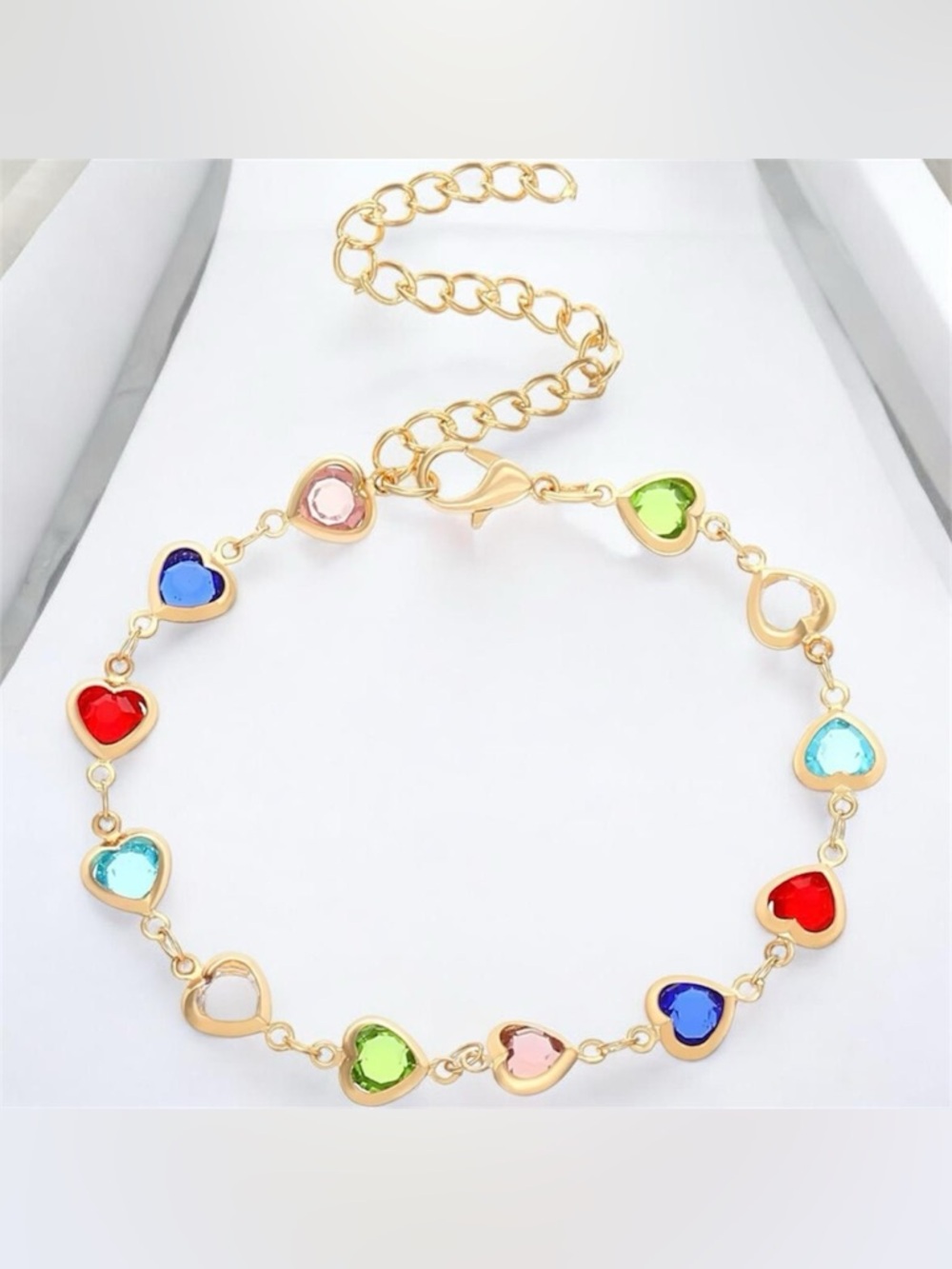 Multi-Color Rainbow Crystal Heart Charm Bracelet Gold Tone Adjustable Chain NEW